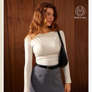 White Long Sleeve Boatneck Top with Built-in Bra